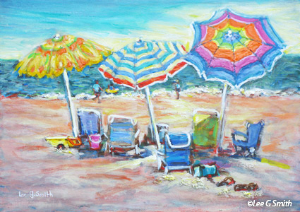 Three Umbrellas and Chairs