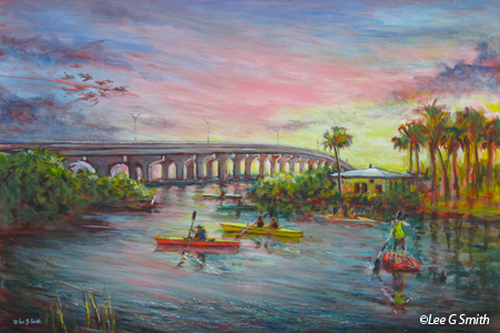 Barber Bridge and Kayaks, Twilight