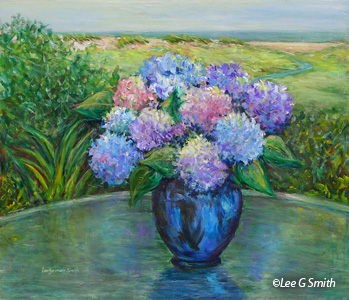 Hydrangeas in Blue Vase